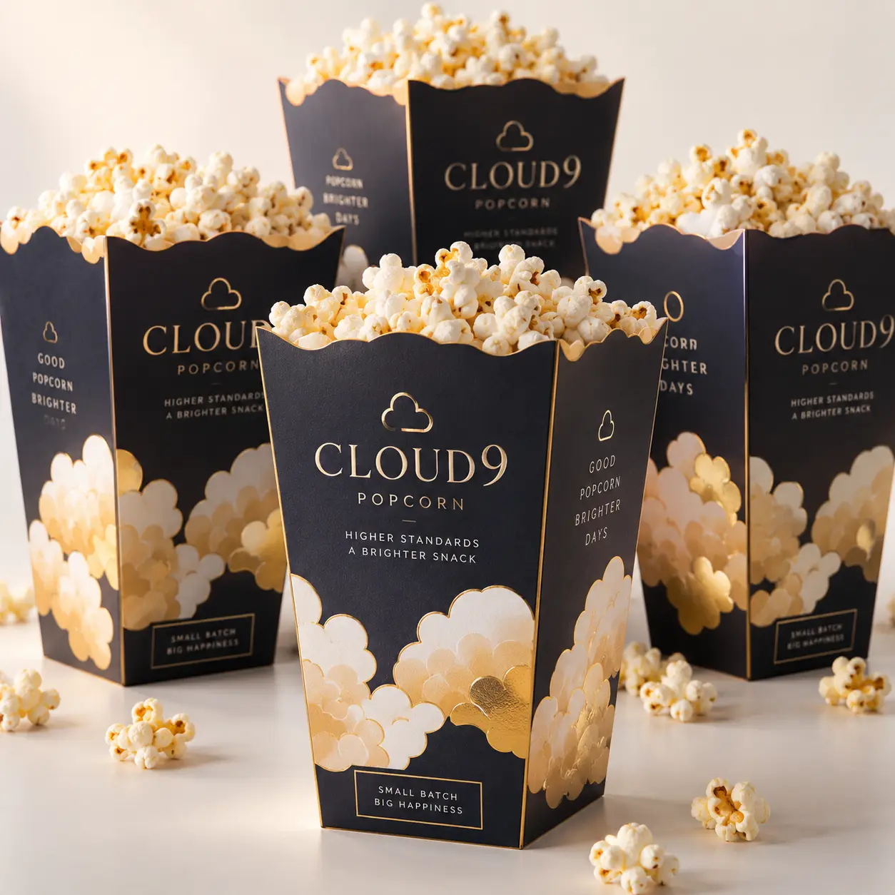 Luxury Cloud9 Popcorn boxes in navy and gold packaging filled with fresh popcorn, small batch premium snack branding