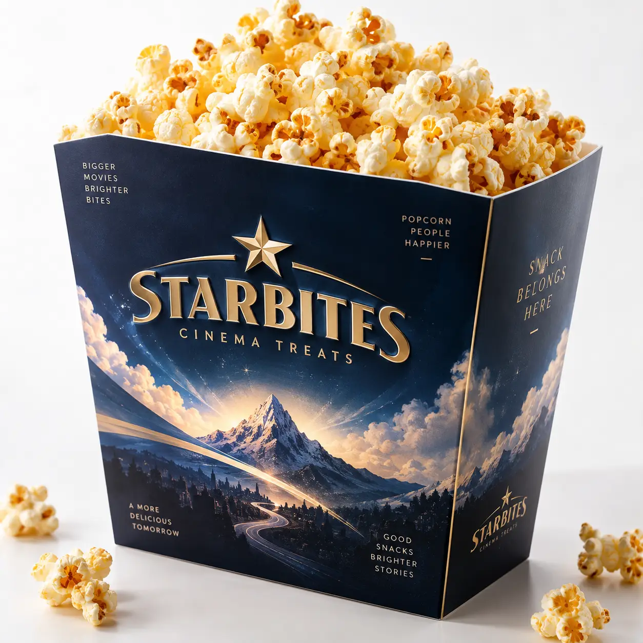 Navy gold Starbites Cinema Treats popcorn box overflowing with buttered popcorn, mountain landscape design, premium custom packaging
