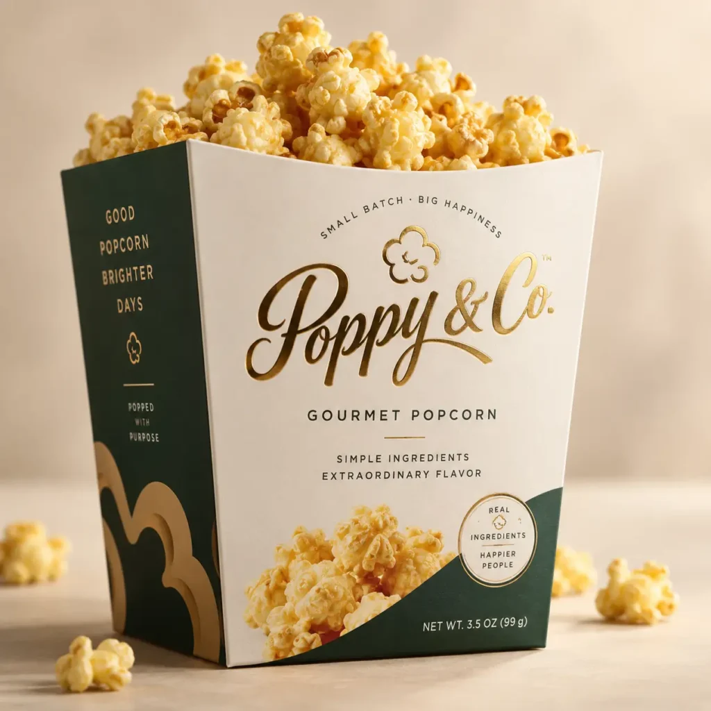 Poppy & Co. gourmet popcorn box, white and dark green luxury packaging with gold foil branding, overflowing caramel popcorn