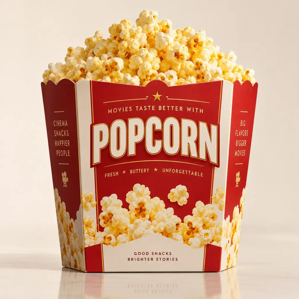 Red and white retro cinema popcorn box packaging overflowing with fresh buttery popcorn, bold gold typography, classic movie theater design