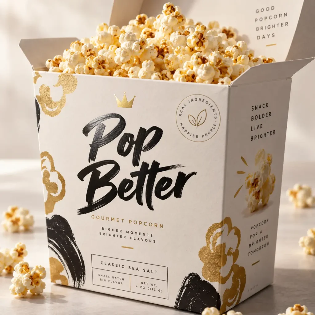 Pop Better gourmet popcorn box in white, black, and gold, Classic Sea Salt flavor, 4oz, overflowing with fresh popped kernels