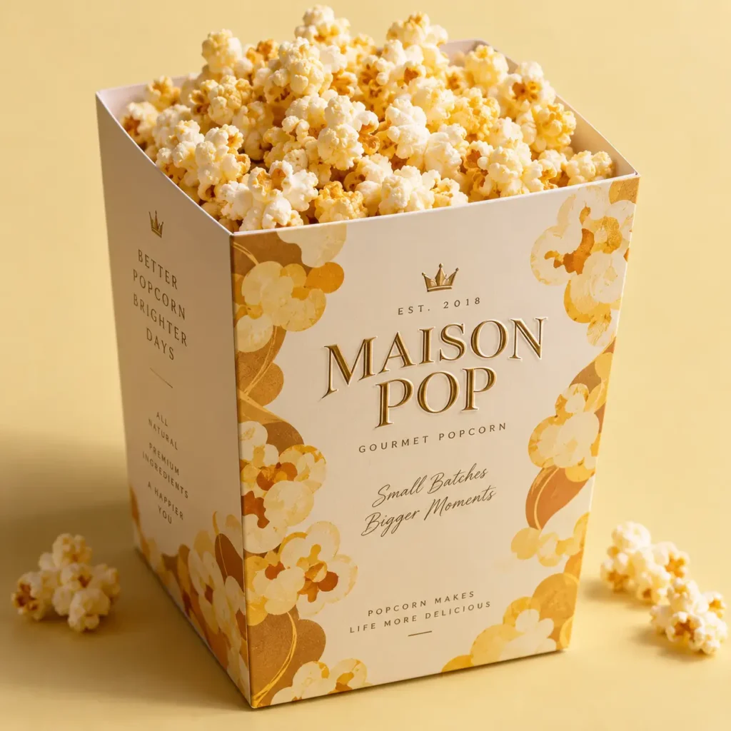 Maison Pop gourmet popcorn packaging design, elegant cream gold luxury box overflowing with fresh popcorn, premium branding
