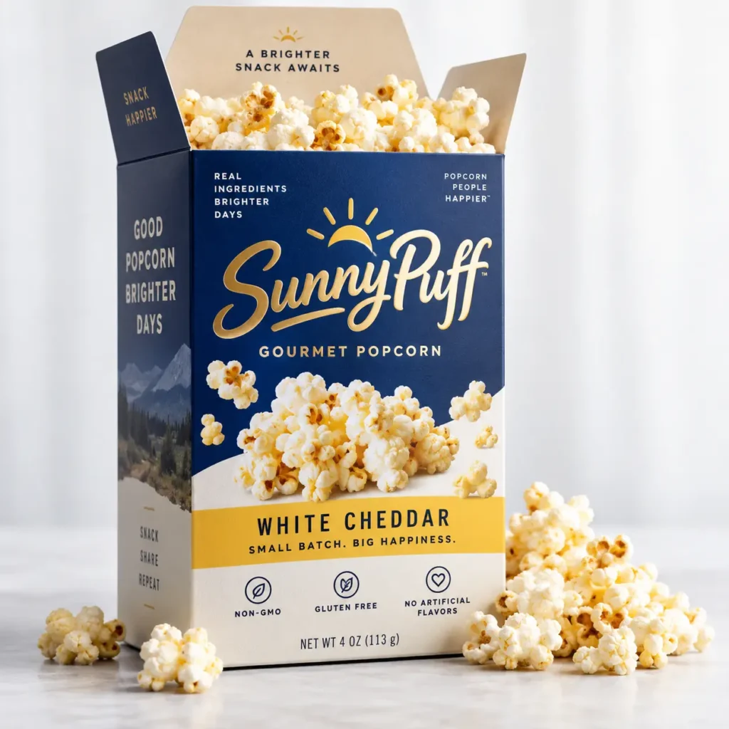 Navy blue SunnyPuff White Cheddar gourmet popcorn box with gold branding, overflowing popcorn, gluten-free snack packaging design