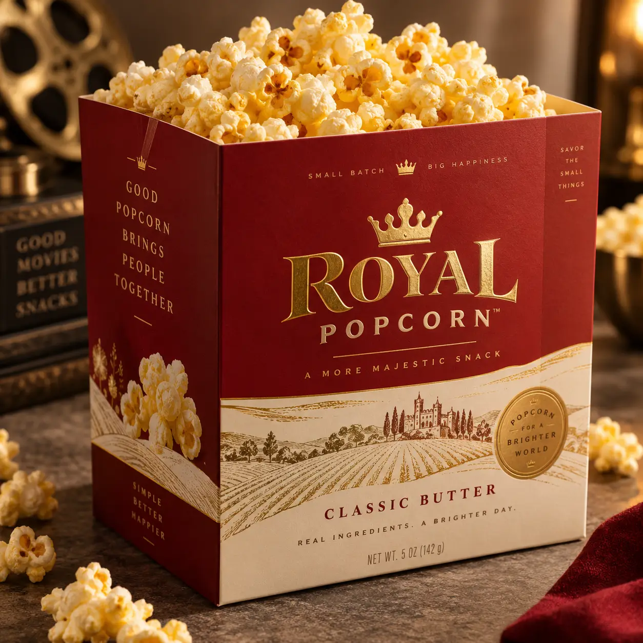 Royal Popcorn Classic Butter box packaging in crimson red and gold, overflowing with buttery popcorn, luxury snack branding design
