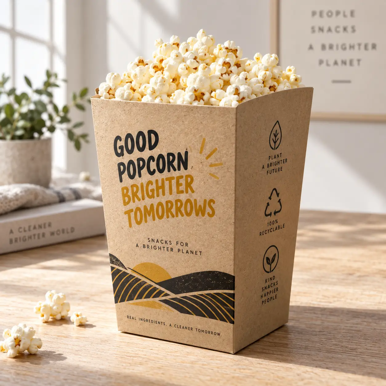 Eco-friendly kraft popcorn box with gold branding, 100% recyclable packaging design, filled with fresh popcorn on wooden surface