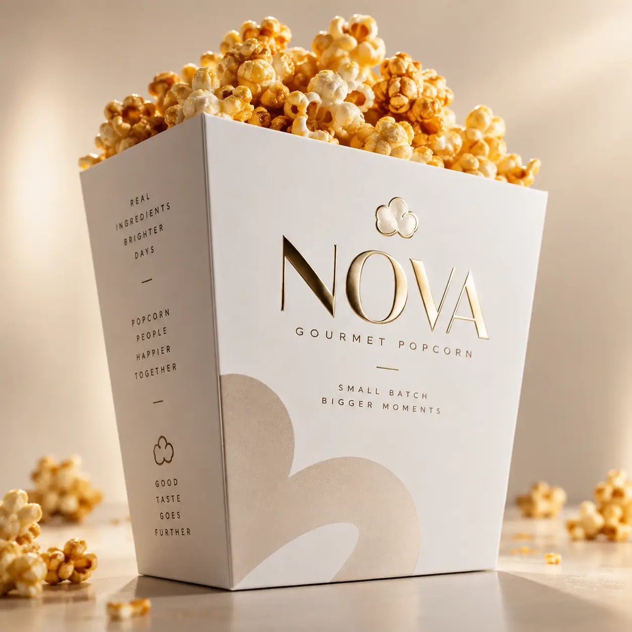 Luxury white gold Nova Gourmet Popcorn box overflowing with caramel popcorn, elegant premium food packaging design