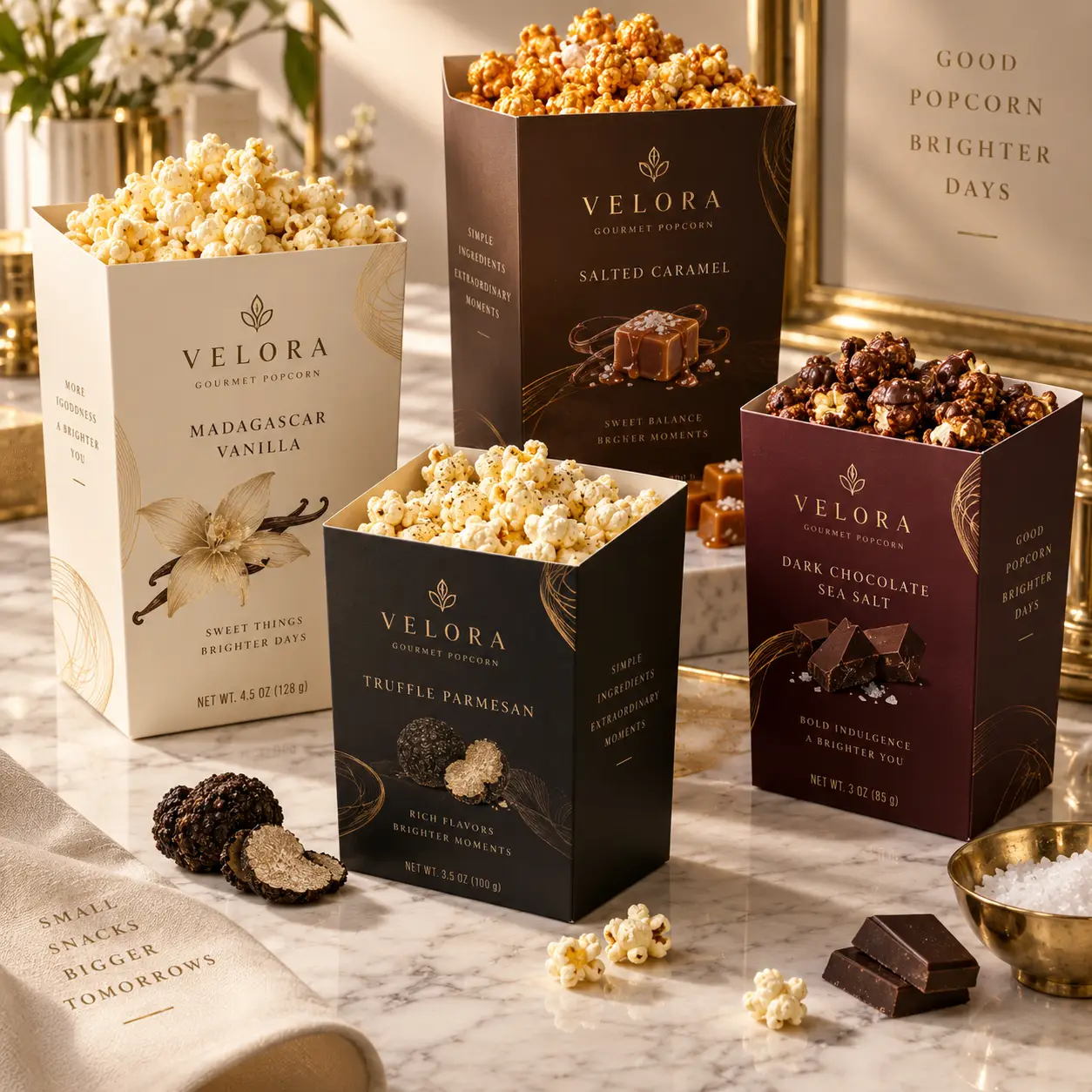 Velora Gourmet Popcorn luxury packaging design in cream, black, and burgundy boxes with gold foil branding on marble surface