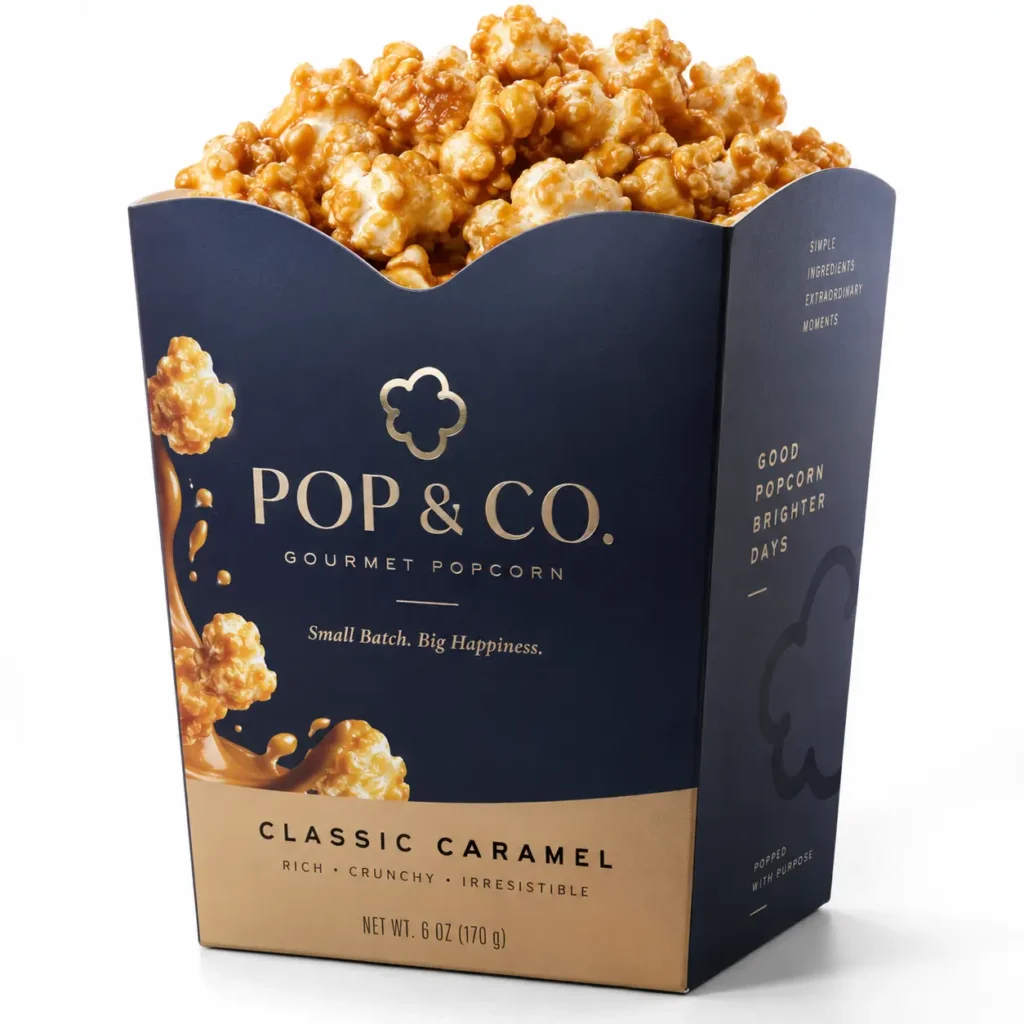 Navy gold gourmet popcorn box by Pop & Co, Classic Caramel flavor, overflowing with glossy caramel-coated popcorn, luxury packaging design