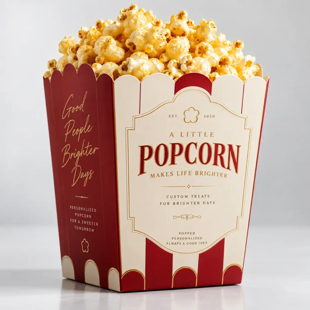 Classic red white striped custom popcorn box overflowing with golden buttery popcorn, vintage circus style packaging design EST 2020