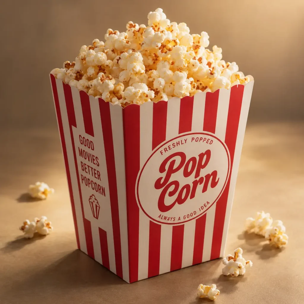 Red and white striped popcorn box overflowing with fresh popcorn, classic cinema packaging design by The Packaging Masters