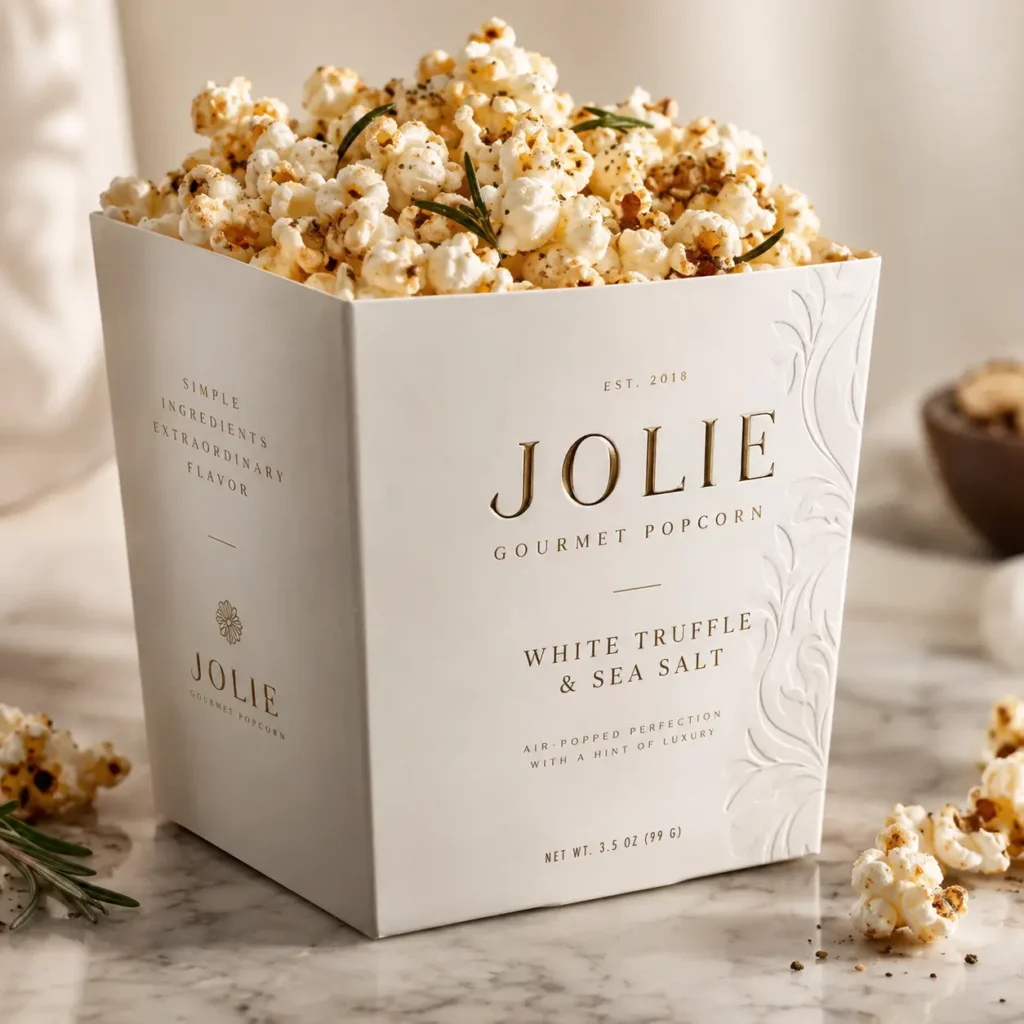 Jolie Gourmet Popcorn white luxury box White Truffle Sea Salt flavor overflowing with seasoned popcorn on marble surface