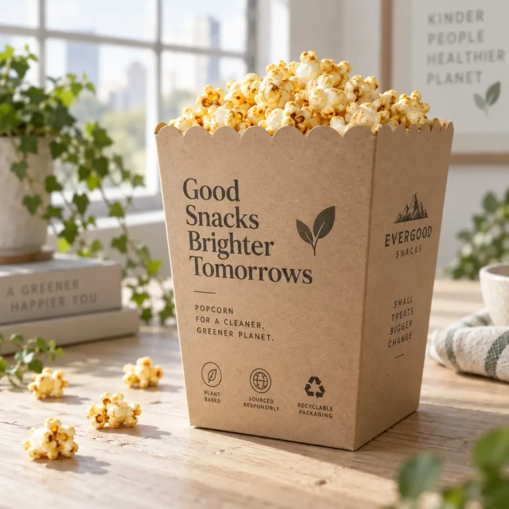 Kraft eco-friendly popcorn box packaging by Evergood Snacks with recyclable, plant-based branding on wooden table
