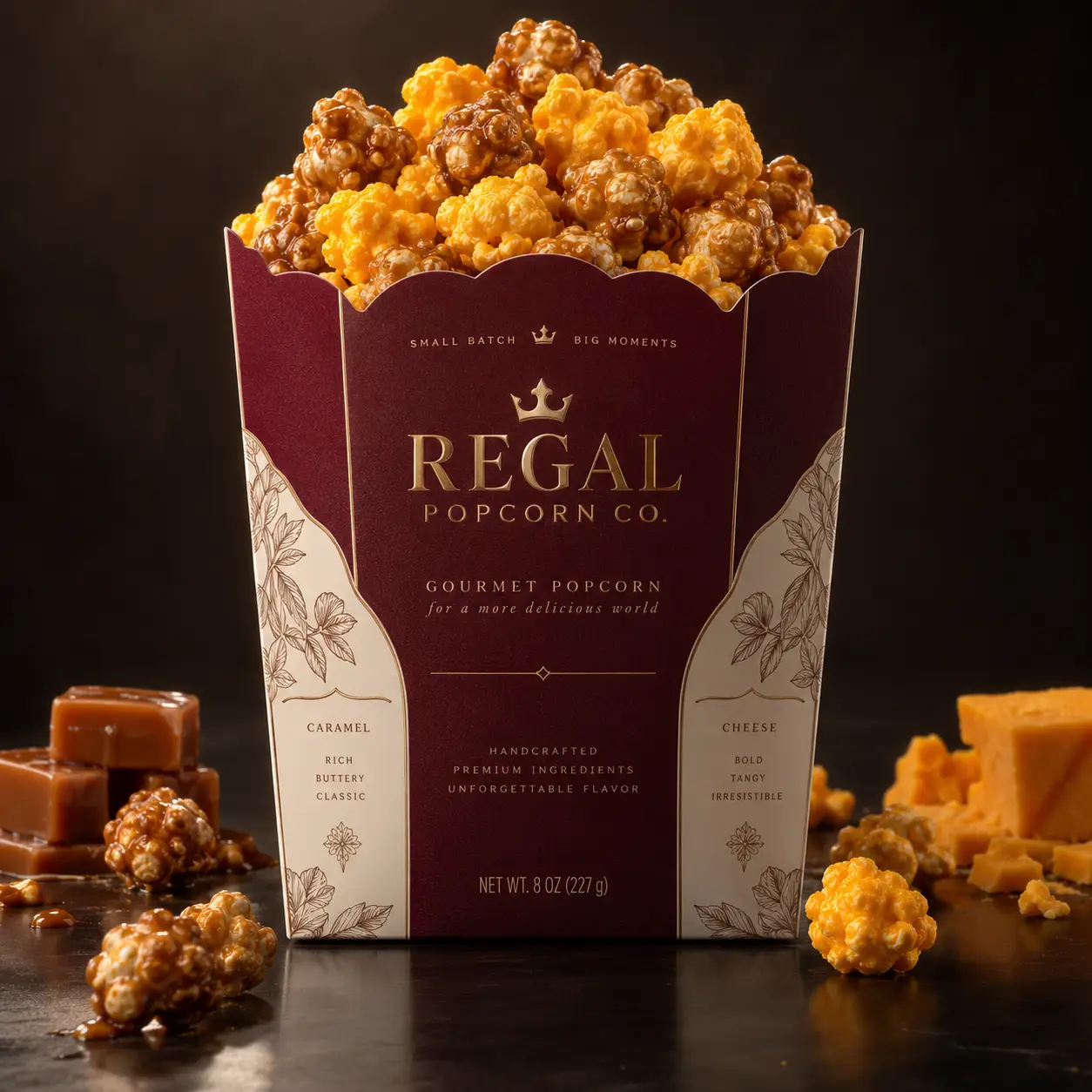 Regal Popcorn Co. luxury gourmet packaging, burgundy gold box with caramel cheese popcorn, premium small-batch branding design