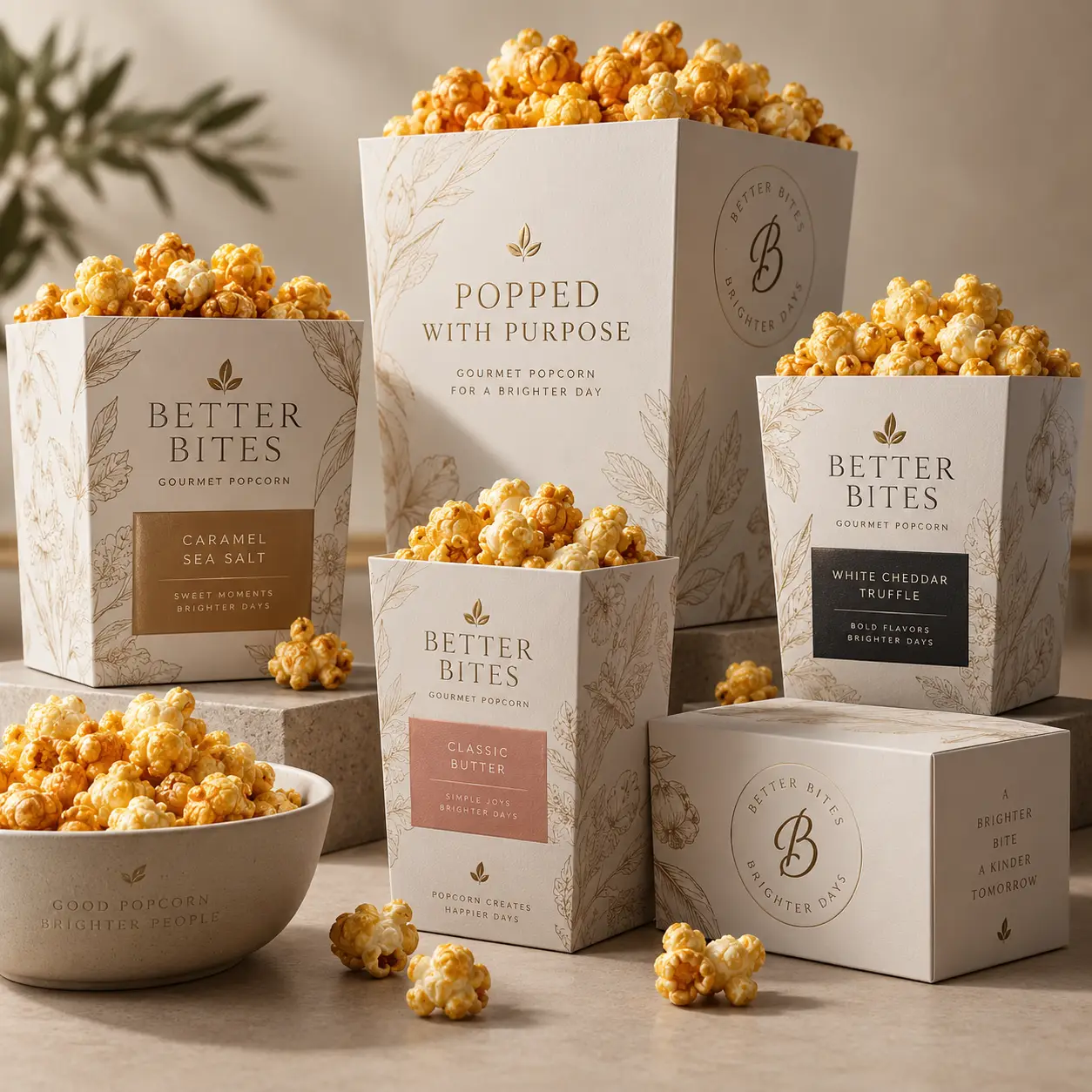 Elegant Better Bites gourmet popcorn packaging in white and gold featuring Caramel Sea Salt, Classic Butter, and White Cheddar Truffle boxes