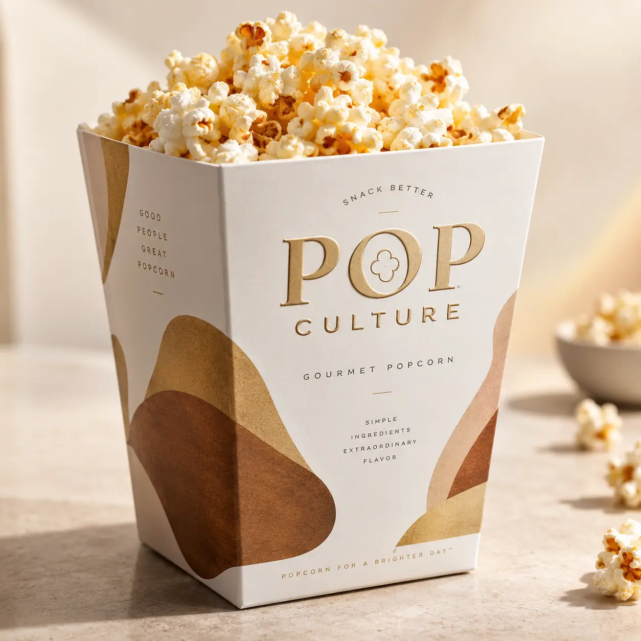 White gold gourmet popcorn box packaging design by Pop Culture brand overflowing with fresh buttery popcorn on marble surface