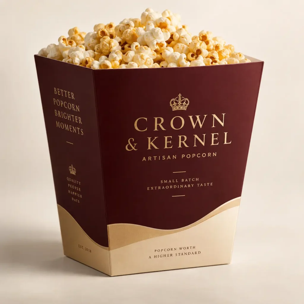 Crown & Kernel artisan popcorn box, burgundy gold luxury packaging design, small batch premium snack branding, EST. 2018