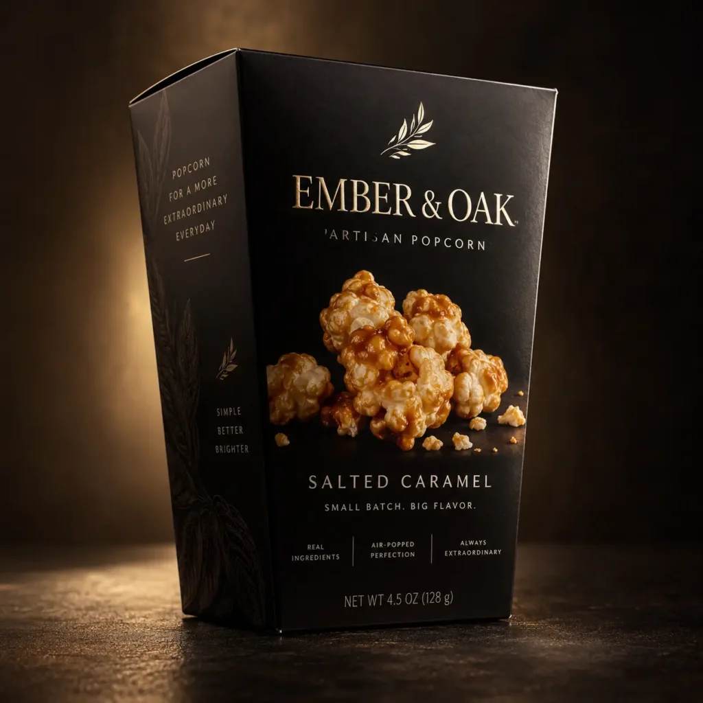 Ember & Oak artisan salted caramel popcorn in luxury matte black gold foil packaging box, 4.5oz premium snack design