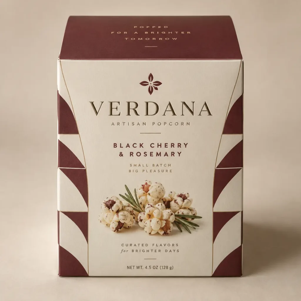 Verdana artisan popcorn box, black cherry rosemary flavor, elegant cream and burgundy packaging design, 4.5oz small batch snack