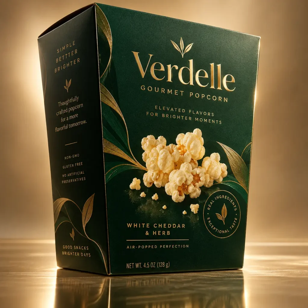 Verdelle Gourmet Popcorn dark green gold luxury packaging box White Cheddar Herb flavor premium snack branding design