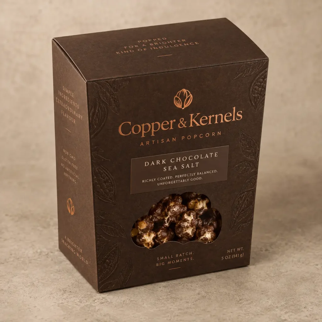 Dark brown luxury artisan popcorn box by Copper & Kernels, Dark Chocolate Sea Salt flavor, 5oz, with window display