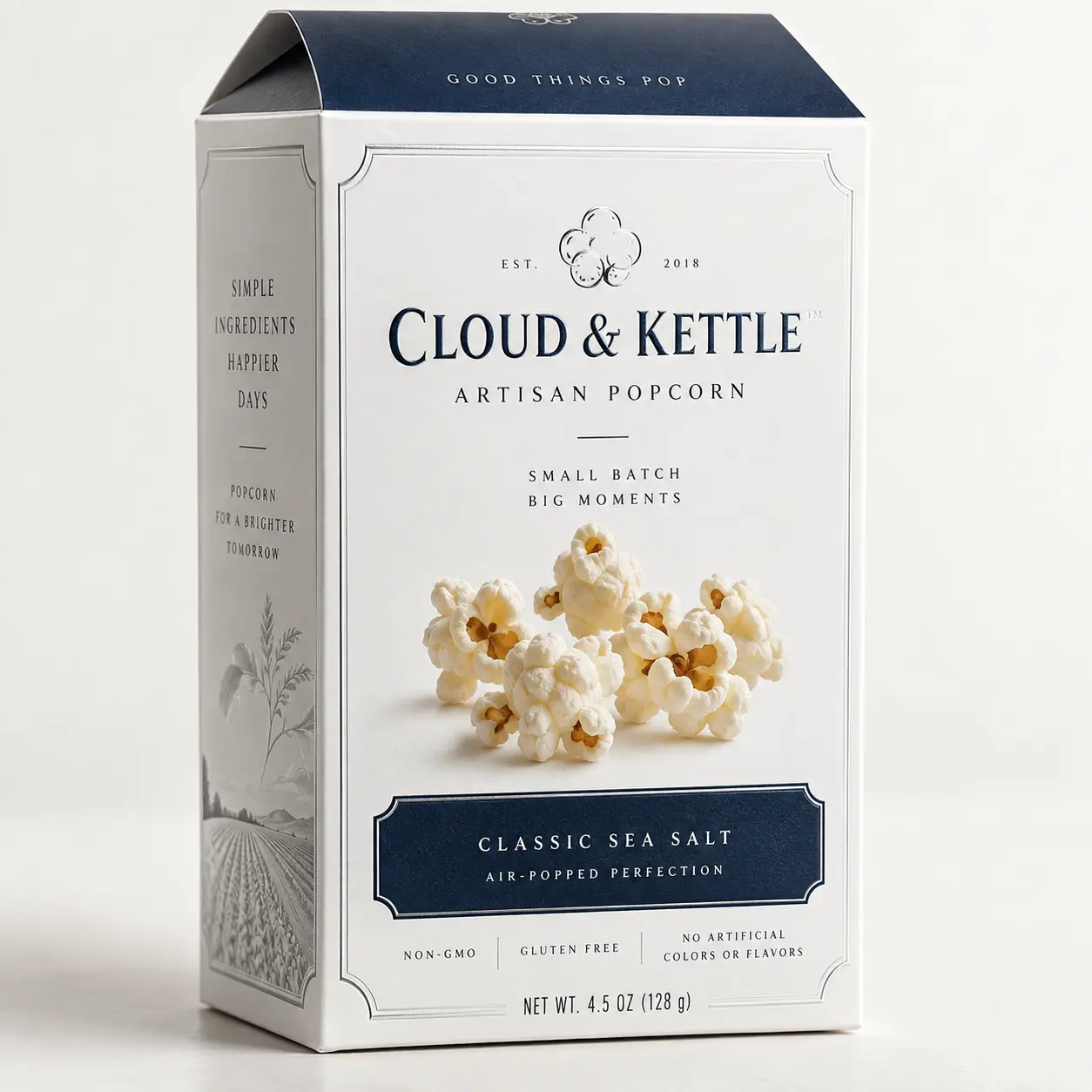 Cloud & Kettle Classic Sea Salt artisan popcorn box, navy blue and white elegant packaging, 4.5oz small batch snack