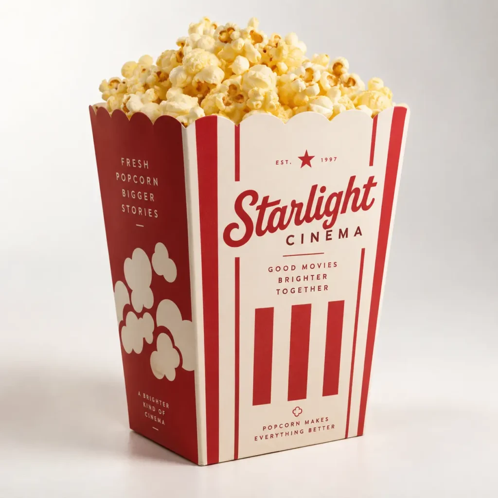 Red and white striped Starlight Cinema popcorn box packaging design filled with fresh buttered popcorn, retro cinema branding