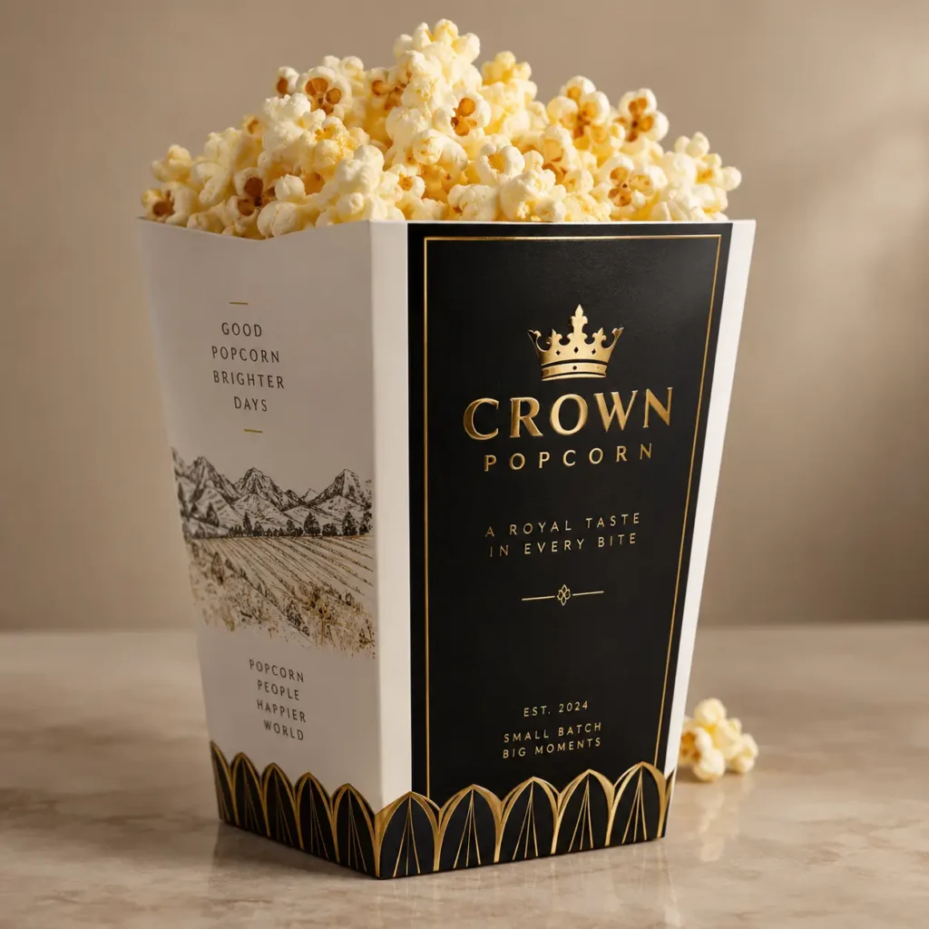 Elegant Crown Popcorn black gold luxury packaging box overflowing with fresh popcorn, royal branding, small batch premium design