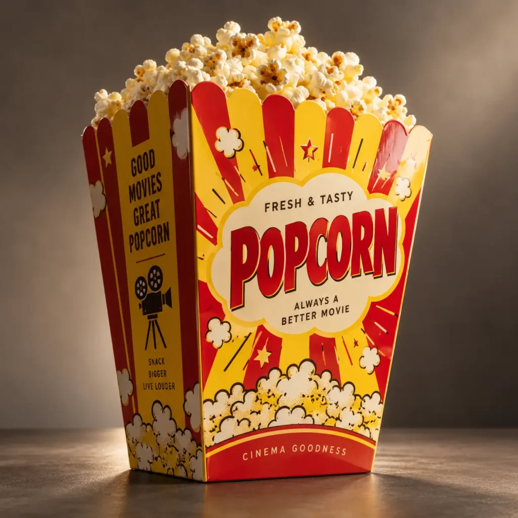 Red and yellow retro cinema popcorn box overflowing with fresh popcorn, bold vintage movie theater packaging design