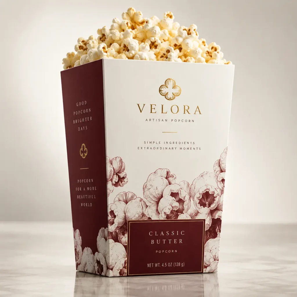 Velora Artisan Popcorn luxury packaging box in burgundy and white with gold foil branding, Classic Butter flavor, marble surface