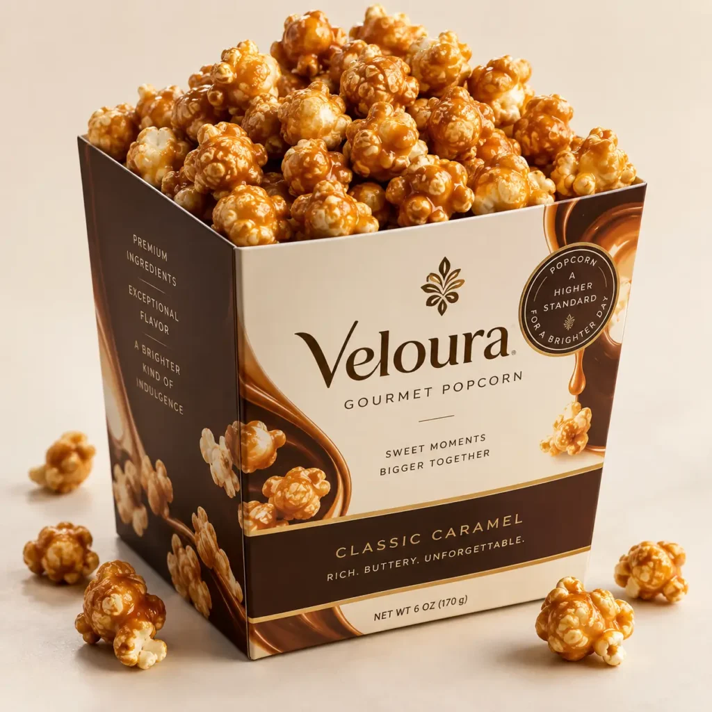 Veloura gourmet classic caramel popcorn in elegant cream and dark brown luxury gift box packaging, 6oz premium snack