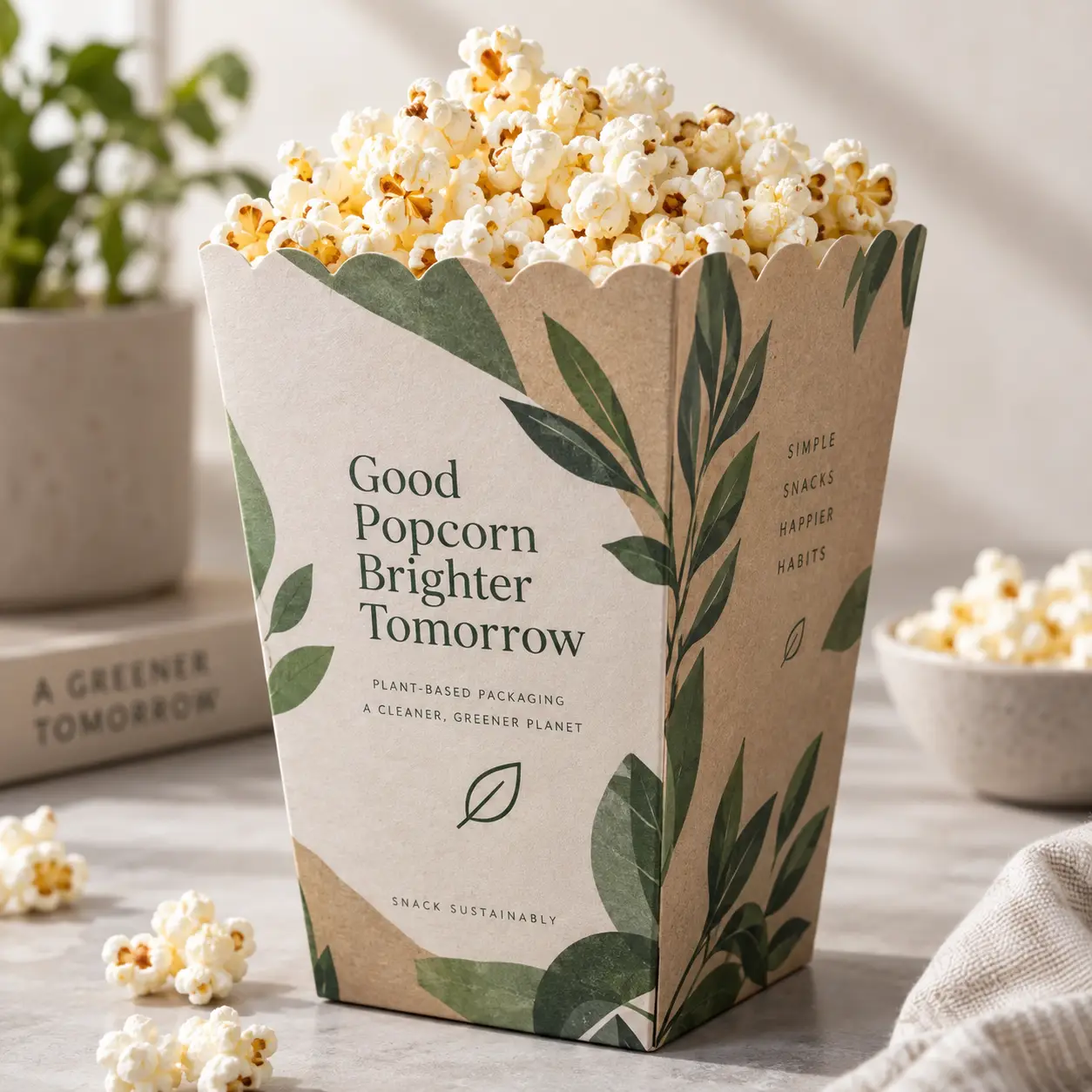 Eco-friendly kraft popcorn box with green botanical print, filled with popcorn, sustainable plant-based packaging design by The Packaging Masters