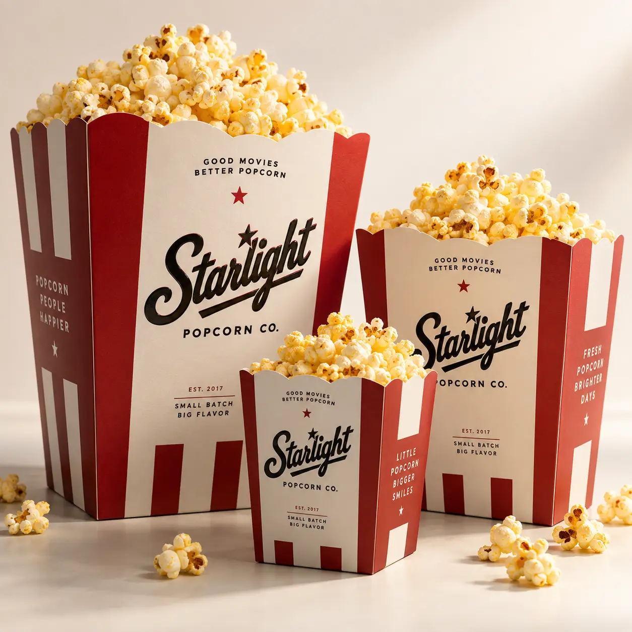 Three red and white striped Starlight Popcorn Co. boxes filled with fresh popcorn, vintage cinema packaging design, small batch branding