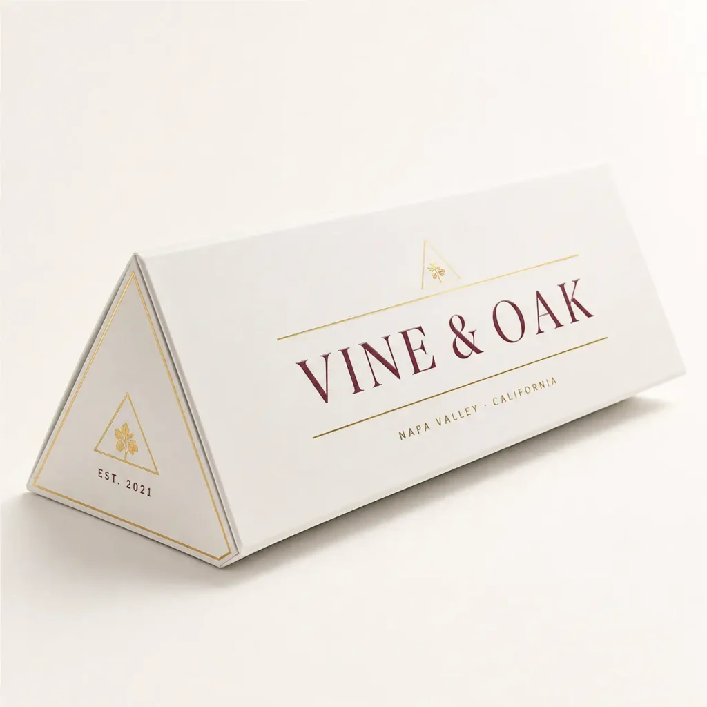White triangular luxury wine box packaging for Vine & Oak Napa Valley California with gold foil and burgundy branding EST 2021