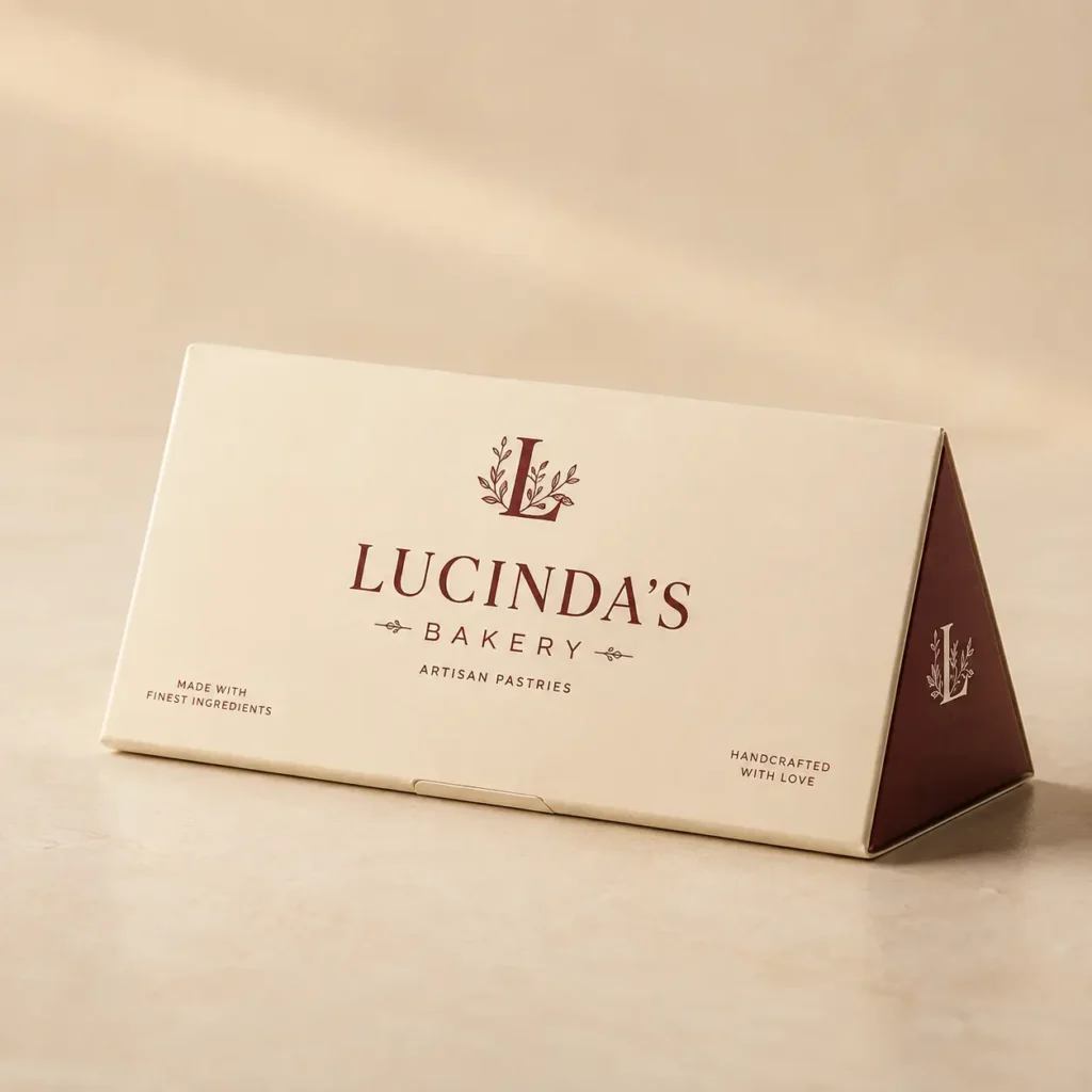 Elegant cream bakery packaging box for Lucinda's Artisan Pastries with burgundy logo, triangular shape, luxury custom pastry box design