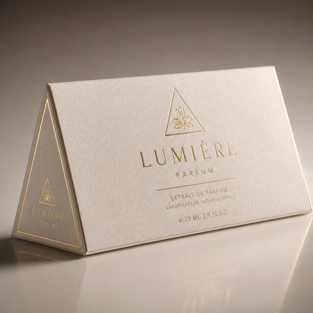 Luxury cream white Lumière Parfum extrait de parfum box with gold foil embossed triangle logo, 75ml premium fragrance packaging