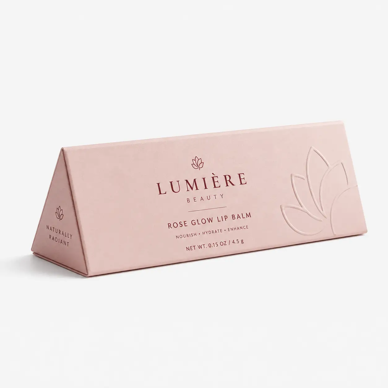 Lumière Beauty Rose Glow Lip Balm blush pink triangular luxury cosmetic packaging with embossed lotus design