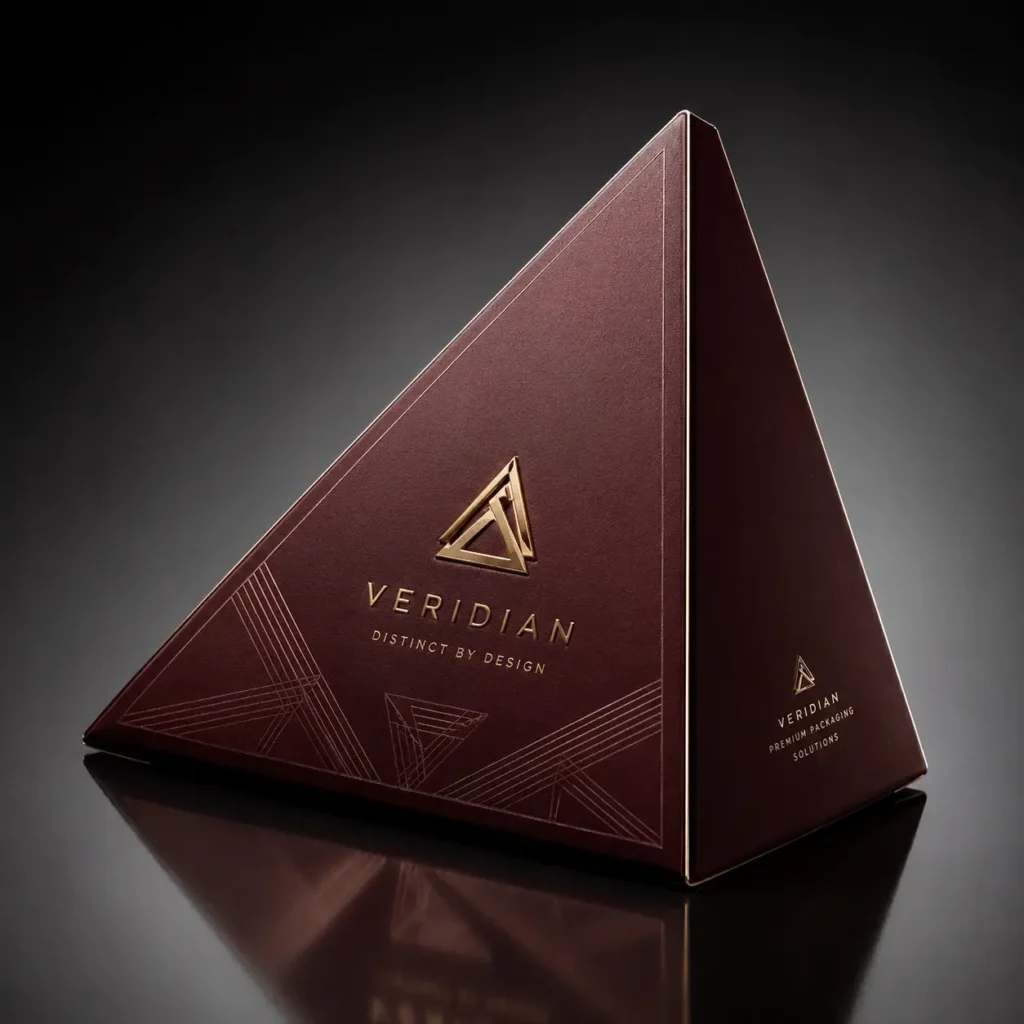 Veridian luxury triangular pyramid gift box in deep burgundy with gold foil logo, premium packaging design by The Packaging Masters