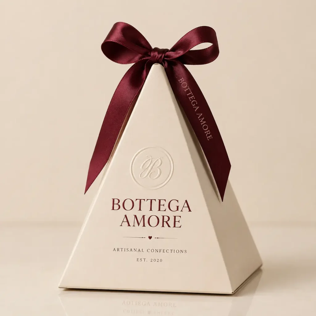 Elegant cream pyramid gift box with burgundy satin ribbon bow, Bottega Amore artisanal confections luxury packaging design