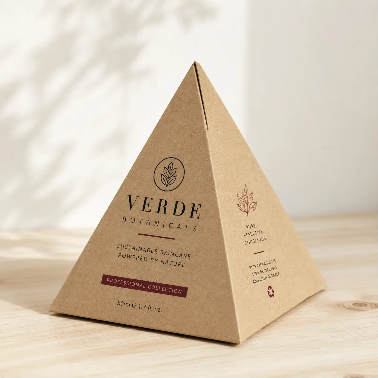 Kraft paper pyramid-shaped skincare box for Verde Botanicals sustainable packaging, 50ml professional collection, eco recyclable design