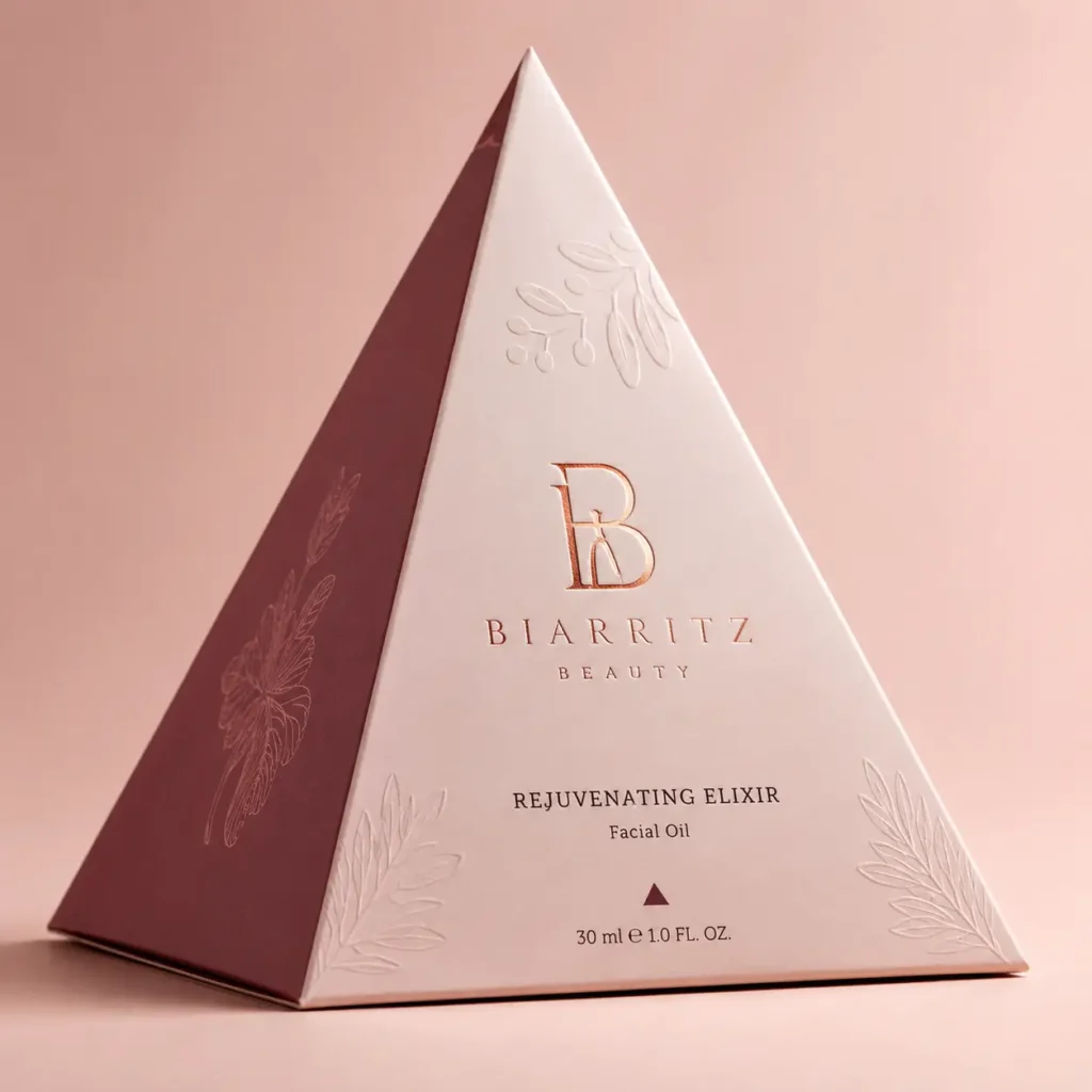Biarritz Beauty Rejuvenating Elixir pyramid luxury cosmetic packaging in blush pink and mauve with rose gold foil logo
