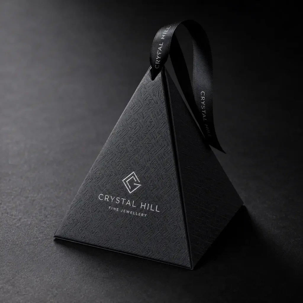 Black pyramid luxury jewellery box with silver Crystal Hill Fine Jewellery logo and branded satin ribbon, elegant gift packaging