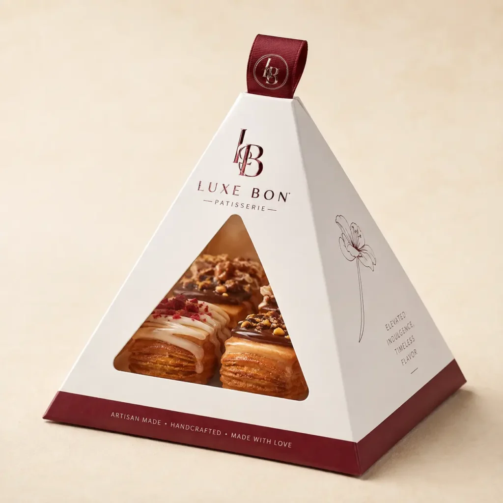 Luxe Bon Patisserie white pyramid gift box with burgundy ribbon, triangle window displaying layered pastries, artisan bakery packaging