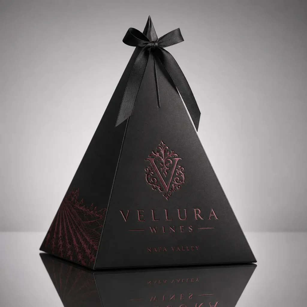 Luxury black pyramid wine gift box with satin ribbon, deep burgundy Vellura Wines Napa Valley embossed logo, premium packaging design