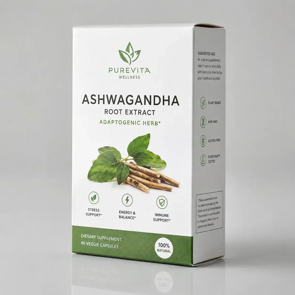 PureVita Wellness Ashwagandha Root Extract supplement box, white and green packaging, 60 veggie capsules, natural dietary supplement