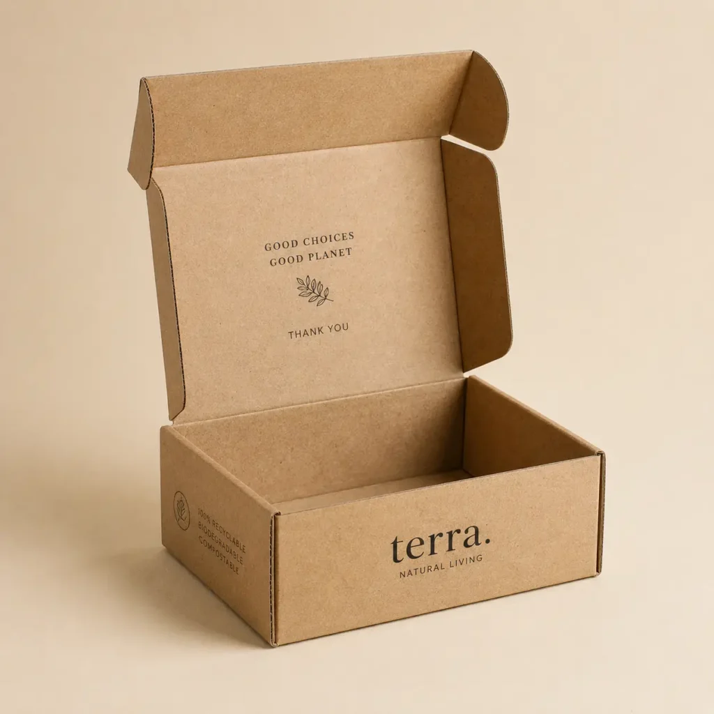 Kraft brown Terra Natural Living eco-friendly mailer box open showing recyclable biodegradable compostable sustainable packaging design