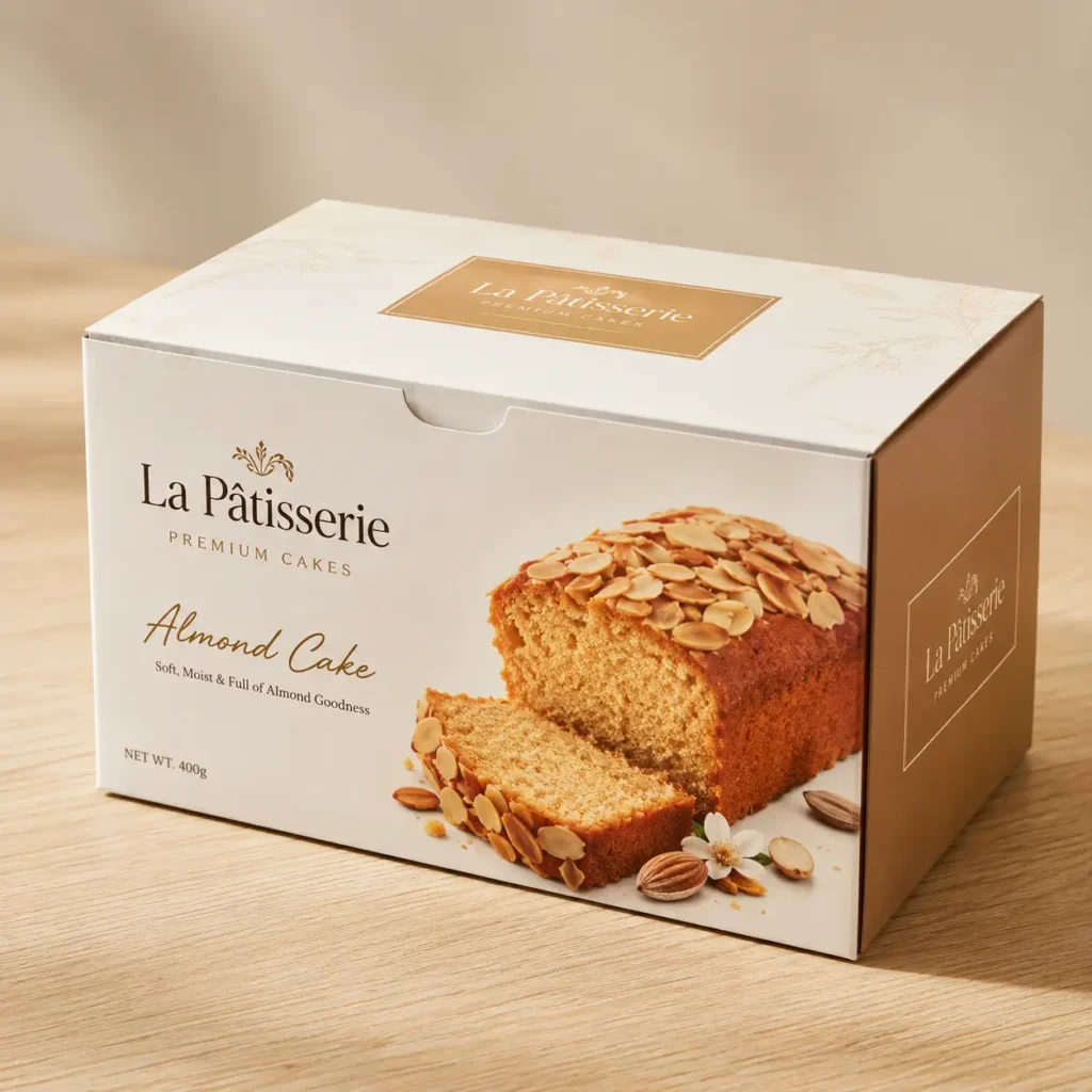 White premium cake box packaging for La Pâtisserie Almond Cake 400g, gold accents, sliced loaf with almonds on wood surface
