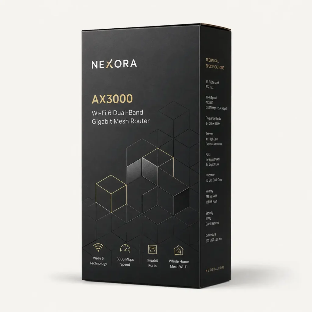 Nexora AX3000 Wi-Fi 6 dual-band gigabit mesh router black premium product packaging box with gold typography