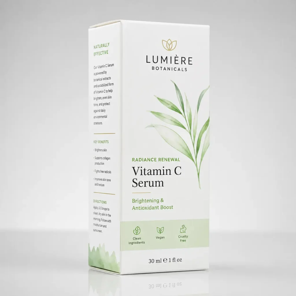 Lumière Botanicals Radiance Renewal Vitamin C Serum white product box with green botanical leaf design, 30ml skincare packaging