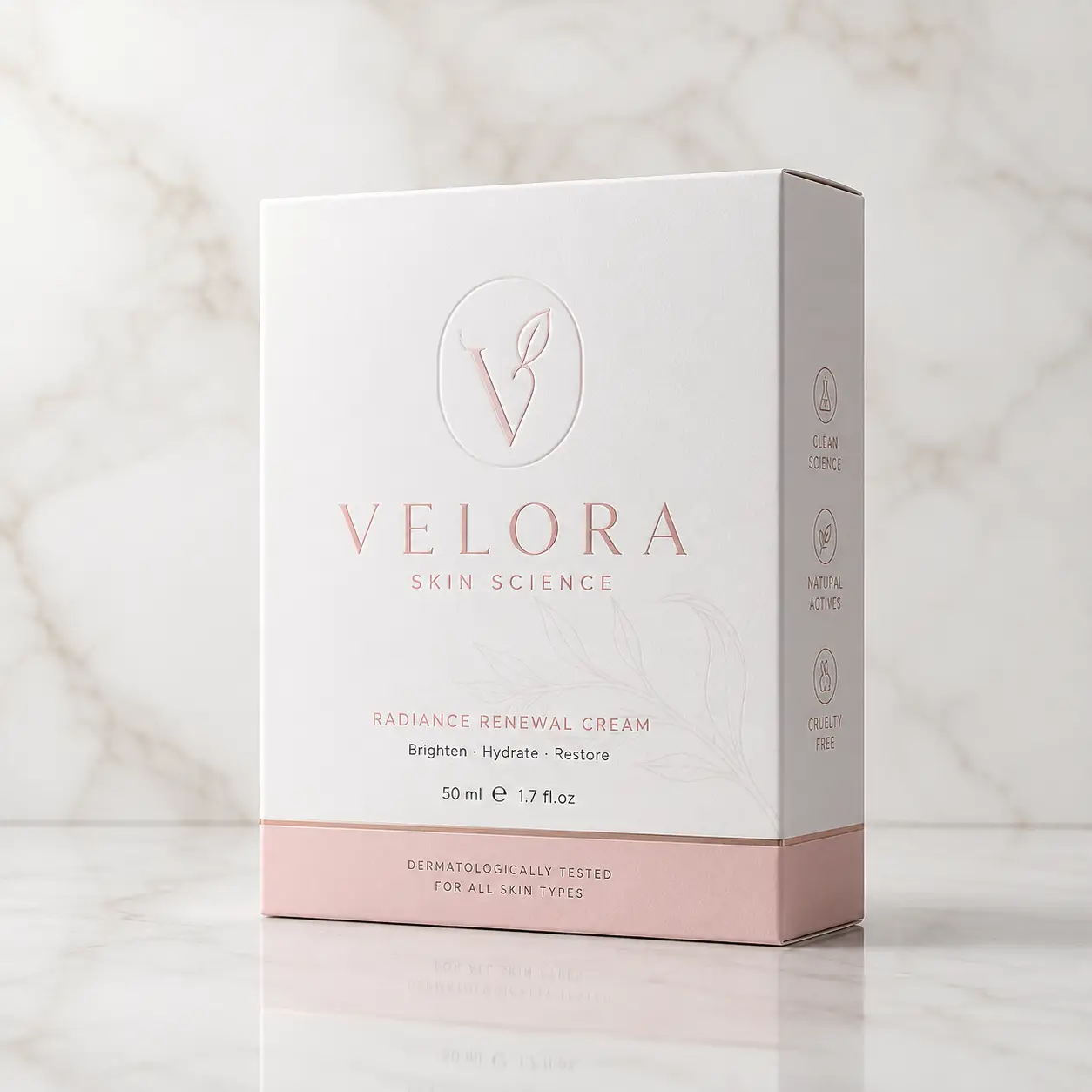 Velora Skin Science Radiance Renewal Cream white pink luxury skincare box packaging 50ml cruelty-free clean beauty product design