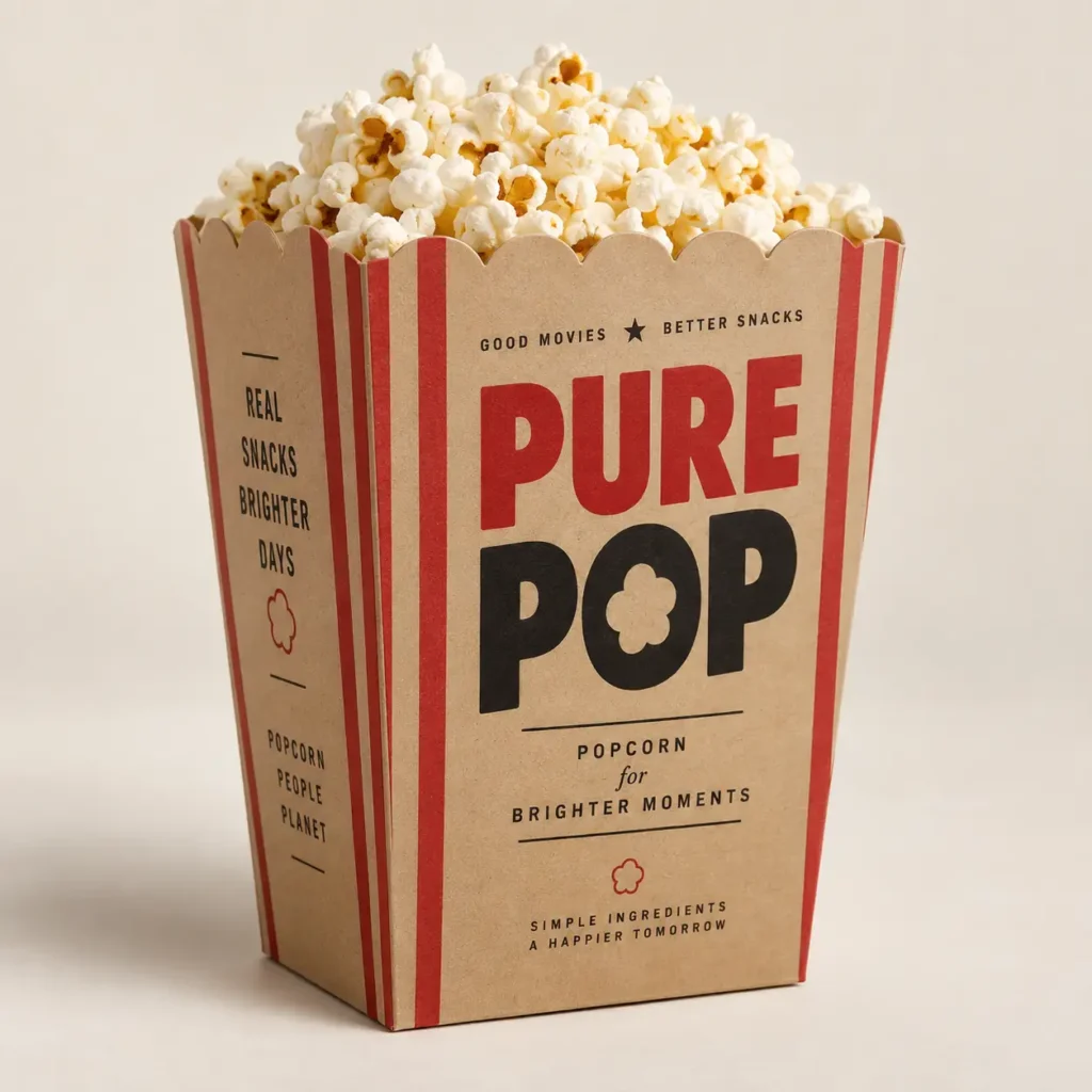 Kraft popcorn box with red stripes, Pure Pop branding, filled with fresh popcorn, retro movie snack packaging design